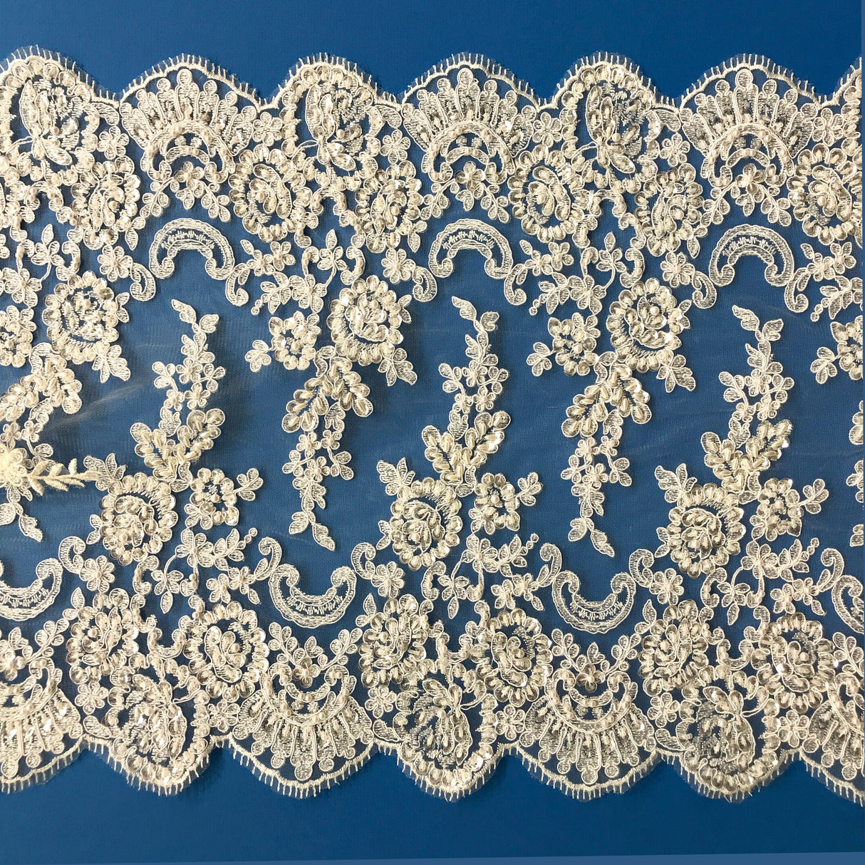 Beaded Corded Floral Lace Trim White
