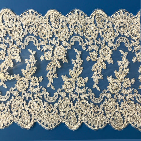 Beaded Corded Floral Lace Trim White 16.5"