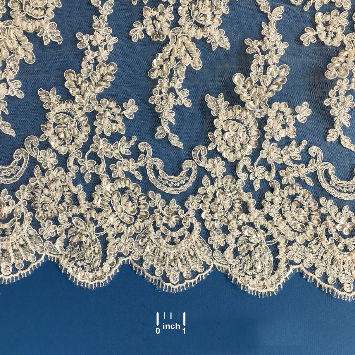 Beaded Corded Floral Lace Trim White