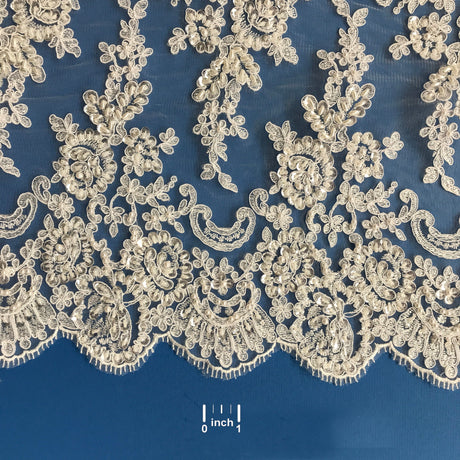 Beaded Corded Floral Lace Trim White