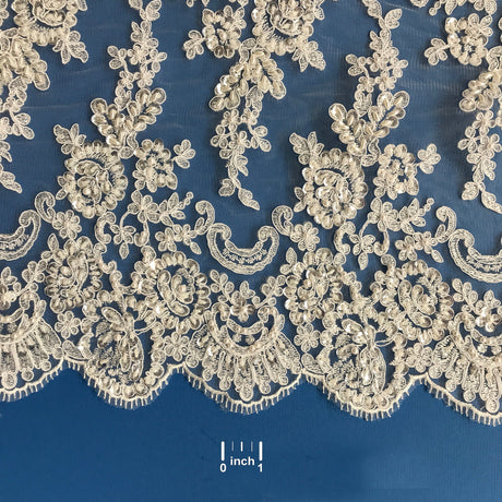 1 Yard Beaded & Corded Double Sided Floral Lace Trimming 100% Polyester Net Mesh 16.5" Wide