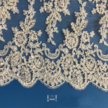 Beaded Corded Floral Lace Trim White 16.5"