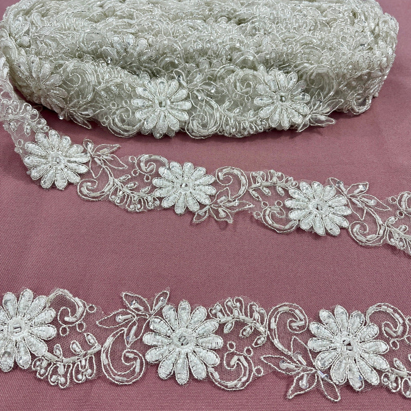 Beaded & Corded Lace Trimming 100 Percent Polyester Net Mesh Fabric - Gold, Ivory With Silver, White, Ivory, Rose Gold, Rust, 2" Width (1 Yard)