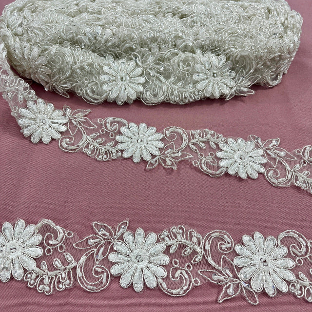 Beaded & Corded Lace Trimming 100 Percent Polyester Net Mesh Fabric - Gold, Ivory With Silver, White, Ivory, Rose Gold, Rust, 2" Width (1 Yard)