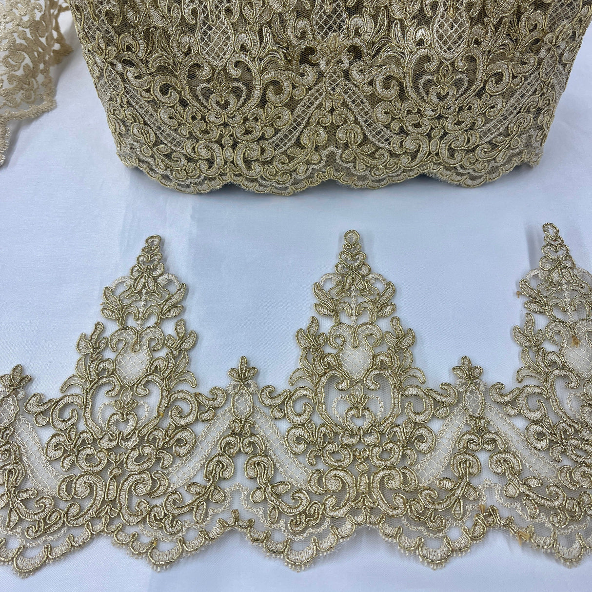 Corded Lace Trimming Embroidered On 100 Percent Polyester Net Mesh Fabric - Floral Corded Embroidery, 6" Wide (1 Yard)