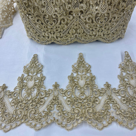 Corded Lace Trimming Embroidered On 100 Percent Polyester Net Mesh Fabric - Floral Corded Embroidery, 6" Wide (1 Yard)