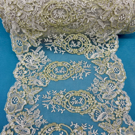 Embroidered Corded Lace Trim Gold Silver