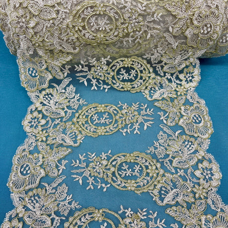 Corded Double Sided Lace Trimming Embroidered On 100 Percent Polyester Net Mesh Fabric - Gold, Silver, 12.5" Wide (1 Yard)