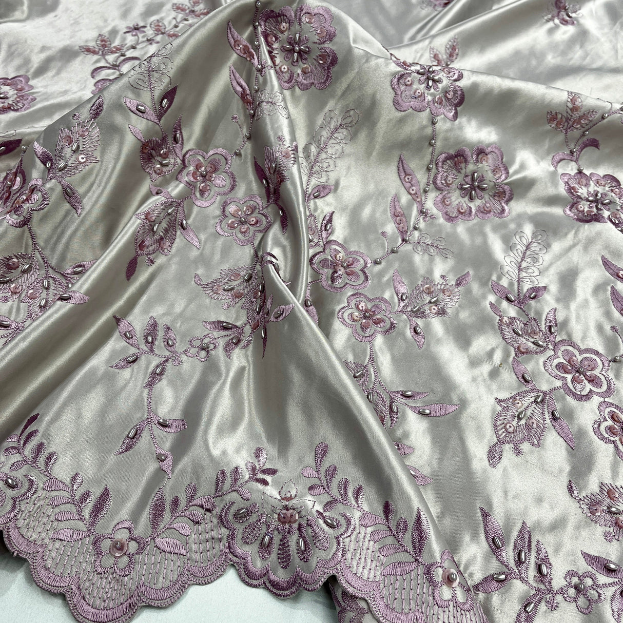Beaded Bridal Lace Fabric - 100 Percent Polyester Satin, Floral Embroidery, 54" Width (1 Yard)