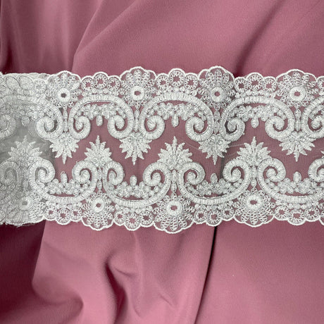 1 Yard Corded Double Sided Lace Trimming Embroidered on 100% Polyester Net Mesh 6.5? Wide