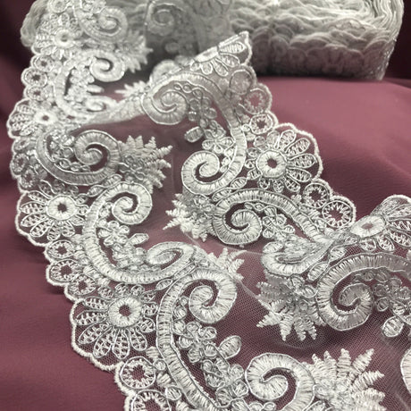 Corded Double Sided Lace Trimming Polyester Fabric - Embroidered Net Mesh, 6.5" Width (1 Yard)
