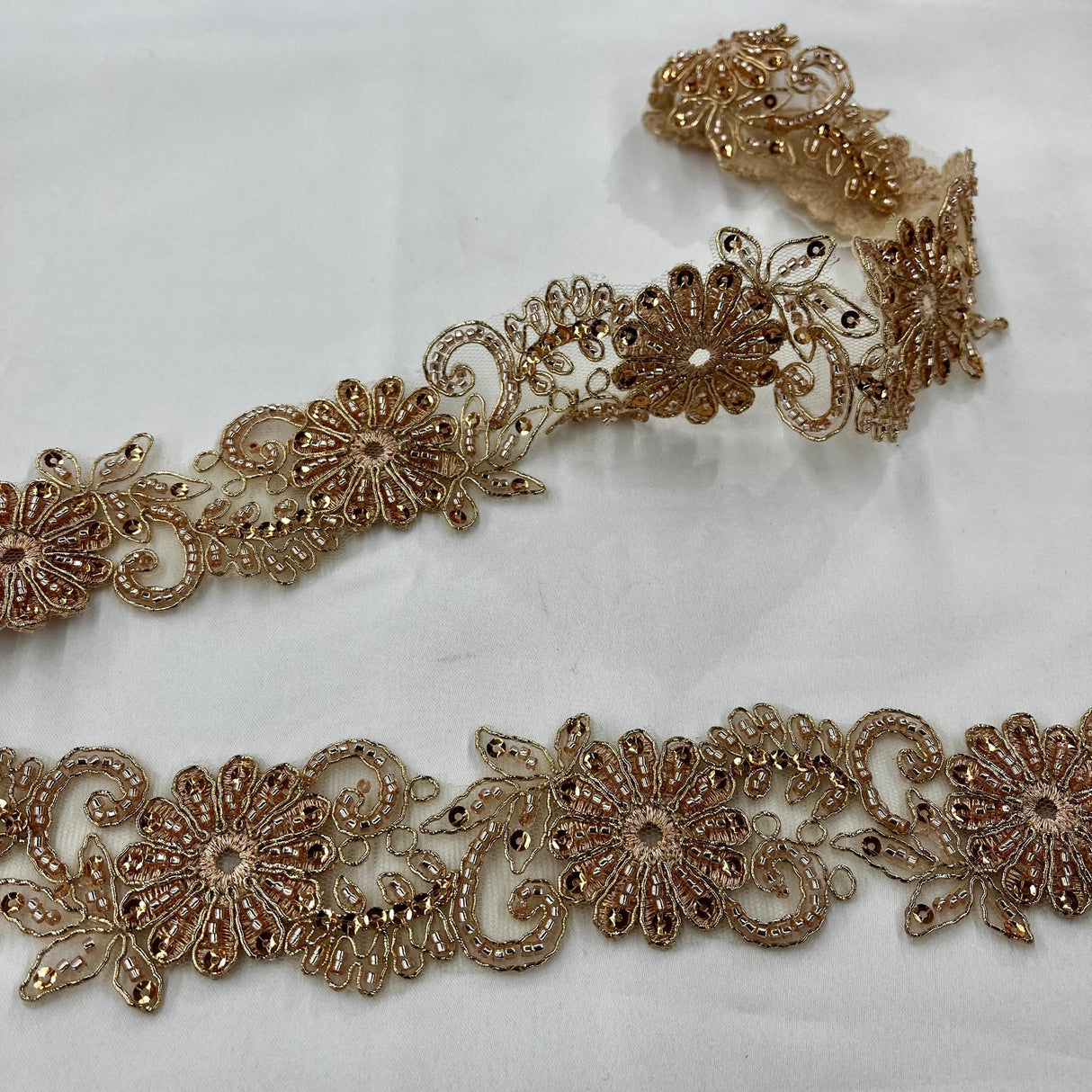 Beaded Corded Lace Trim on Polyester Mesh
