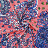 1 Yard Luxe Coral Pink and Blue Baroque Fabric Smooth with Ornate Design for Statement Apparel, 61 Inches Wide