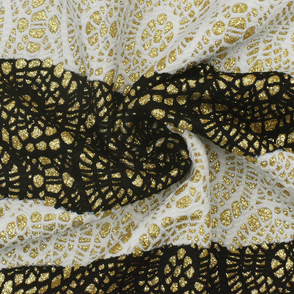 1 Yard Black White Gold Sparkly Lace-Like Bonded Interlock Knit Fabric Textured Stretch 58 Inches Wide
