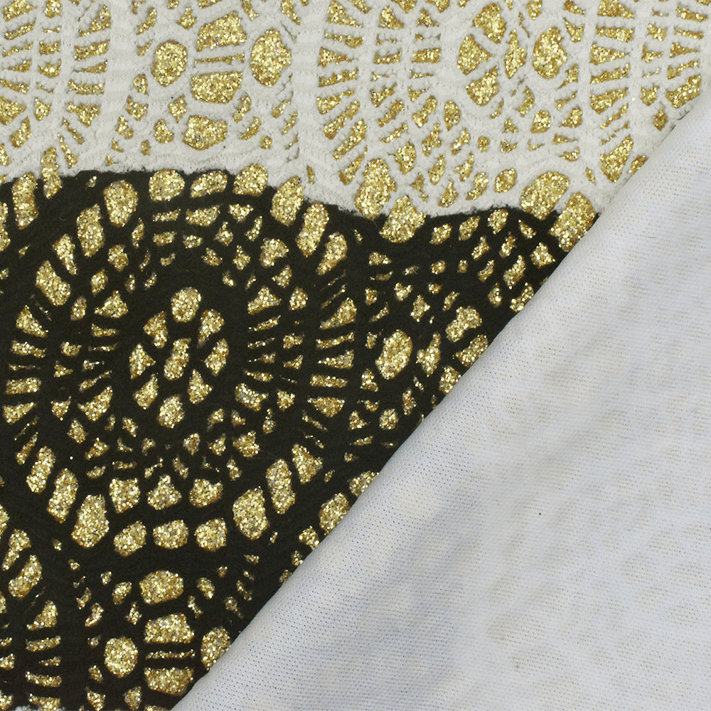 1 Yard Black White Gold Sparkly Lace-Like Bonded Interlock Knit Fabric Textured Stretch 58 Inches Wide