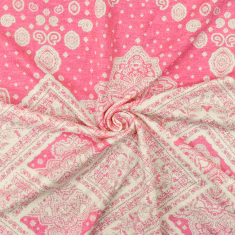 1 Yard Geranium Pink White Baroque Border Pried Stretch Raynton ITY Jersey Fabric, Ideal for Breathable, Elegant Clothing Projects 62" Width