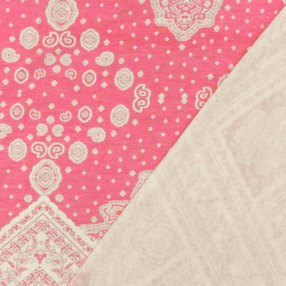 1 Yard Geranium Pink White Baroque Border Printed Stretch Rayon ITY Jersey Fabric, Ideal for Breathable, Elegant Clothing Projects 62" Width