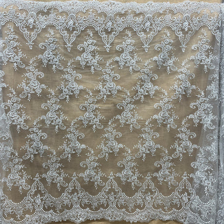 1 Yard Silver Metallic Corded Bridal Lace Fabric Embroidered on 100% Polyester Net Mesh – 52"
