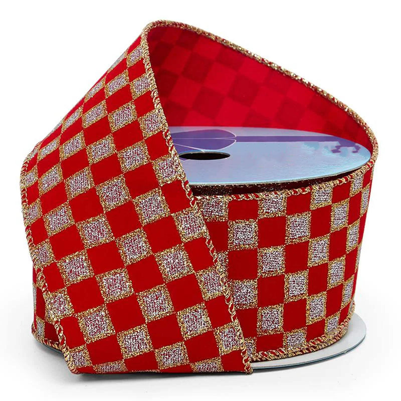 Sparkling Checkered Print On Velvet Wired Ribbon 2 1/2 '' X 10 yd Silver / Wine Color 1 / roll