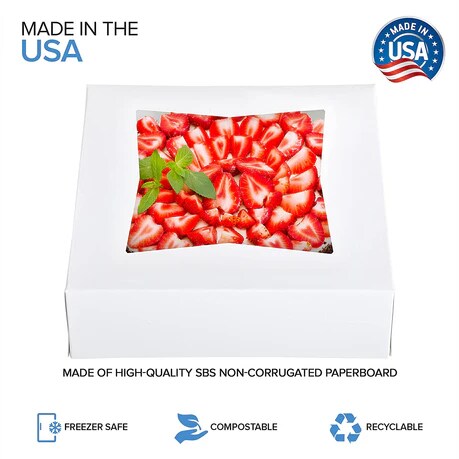 8 x 8 x 2.5” White Bakery Boxes with Window Pastry Boxes for Strawberries, Dessert Boxes, Bakery