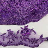 Beaded Corded Lace Trimming Polyester Fabric - Floral Scalloped Edge, 2.75" Width (1 Yard)
