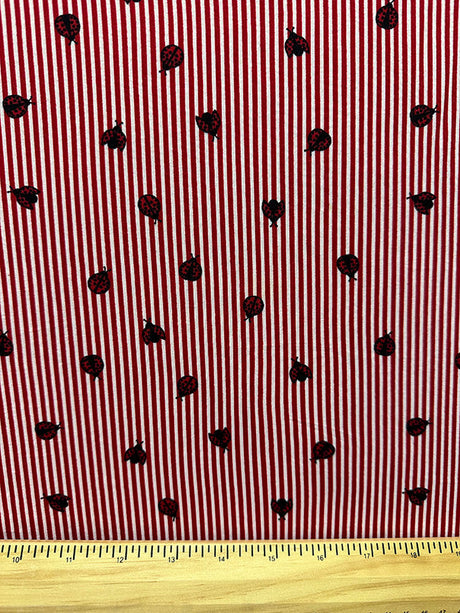 1 Yard Red Stripe Ladybug Print Double Brushed Jersey Knit Fabric Stretch 58 Inches Wide