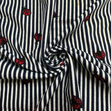 1 Yard Navy Blue Striped Double Brushed Jersey Knit Fabric with Ladybug Motif 58 Inches Width