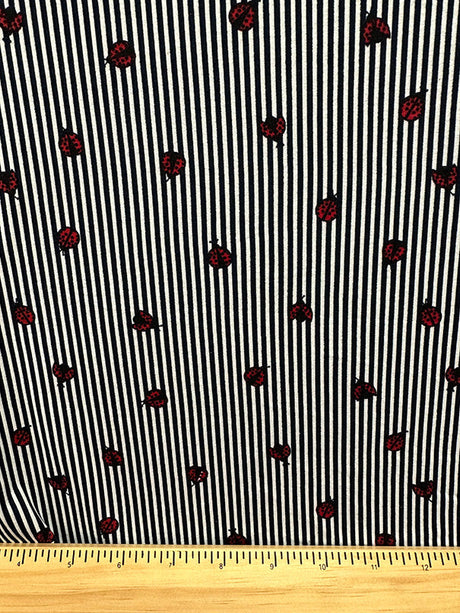 1 Yard Navy Blue Striped Double Brushed Jersey Knit Fabric with Ladybug Motif 58 Inches Width