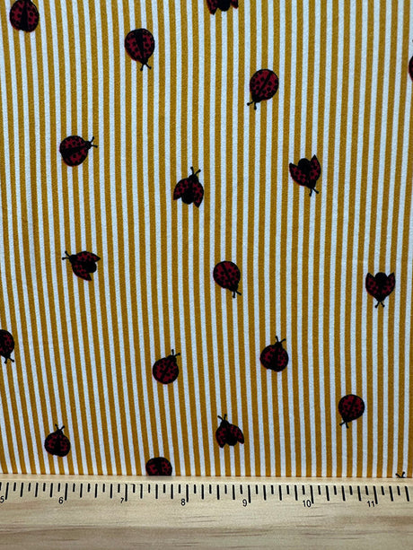 1 Yard Vibrant Gold Stripe Ladybug Pattern Double Brushed Jersey Knit Fabric Stretch 58 Inches Wide