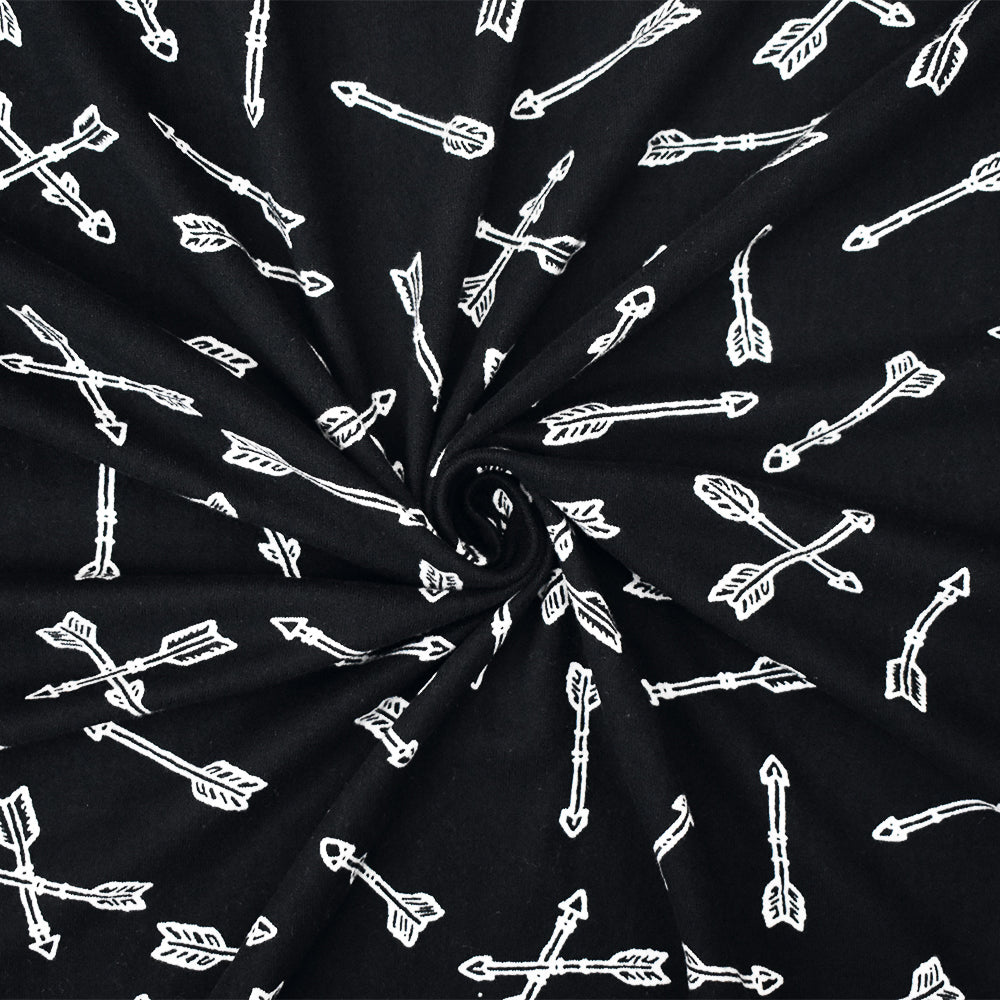 1 Yard Ultra-Soft Black and White Arrow Printed Double Brushed Jersey with a Modern Look for Cozy, Stylish Apparel, 58 Inches Wide