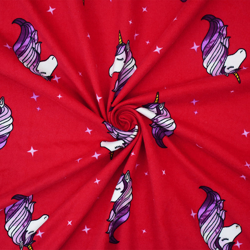 1 Yard Red Multi Unicorn Star Print Double Brushed Jersey Knit Fabric Soft Stretch 58 Inches Wide