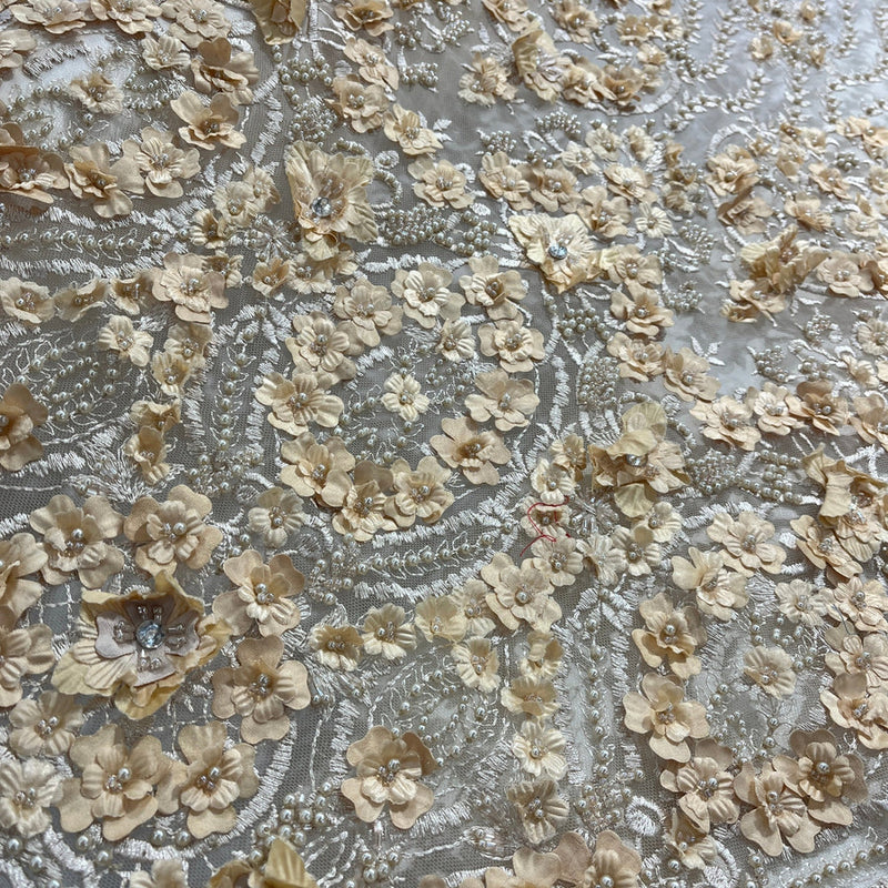 1 Yard Beaded 3D Floral Lace Fabric Embroidered on 100% Polyester Net Mesh | Lace USA - GD-363 - Ivory - 48" Width