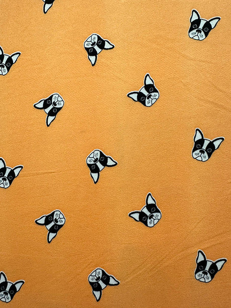 1 Yard Bulldog Jersey Knit Black & White Dogs on Light Orange Matte Drape 58 Inches Wide
