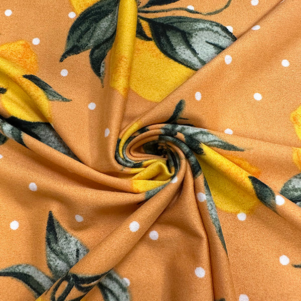 1 Yard Lemon Polka Dot Jersey Knit Yellow, Green & White on Orange Matte Drape 58 Inches Width