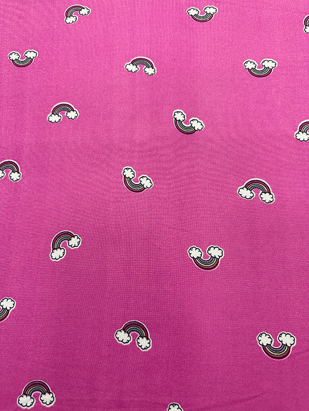 1 Yard Rainbow Print Jersey Knit Black, Yellow, Green & Purple on Bright Pink Soft Drape 58 Inches Width