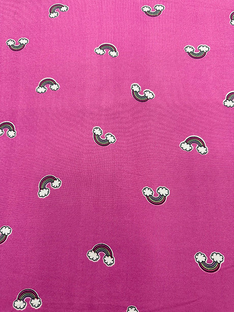 1 Yard Rainbow Print Jersey Knit Black, Yellow, Green & Purple on Bright Pink Soft Drape 58 Inches Width