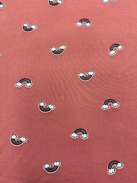 1 Yard Dark Peach Double Brushed Jersey Knit with Multicolor Rainbow Print, Lightweight Stretch 58 Inches Width