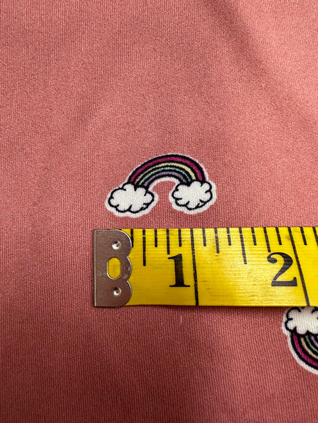1 Yard Dark Peach Double Brushed Jersey Knit with Multicolor Rainbow Print, Lightweight Stretch 58 Inches Width