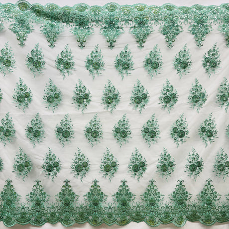 Beaded Lace Fabric Embroidered On 100% Polyester Net Mesh Fabric - Gold, Beaded Sequined Embroidered Lace, 50" Width (1 Yard)