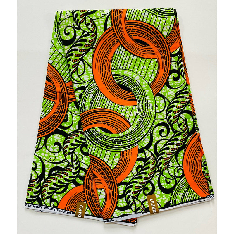 African Print Ankara Cotton Fabric - Orange, Green, Black Nuhu, 46" Width (Per Yard)