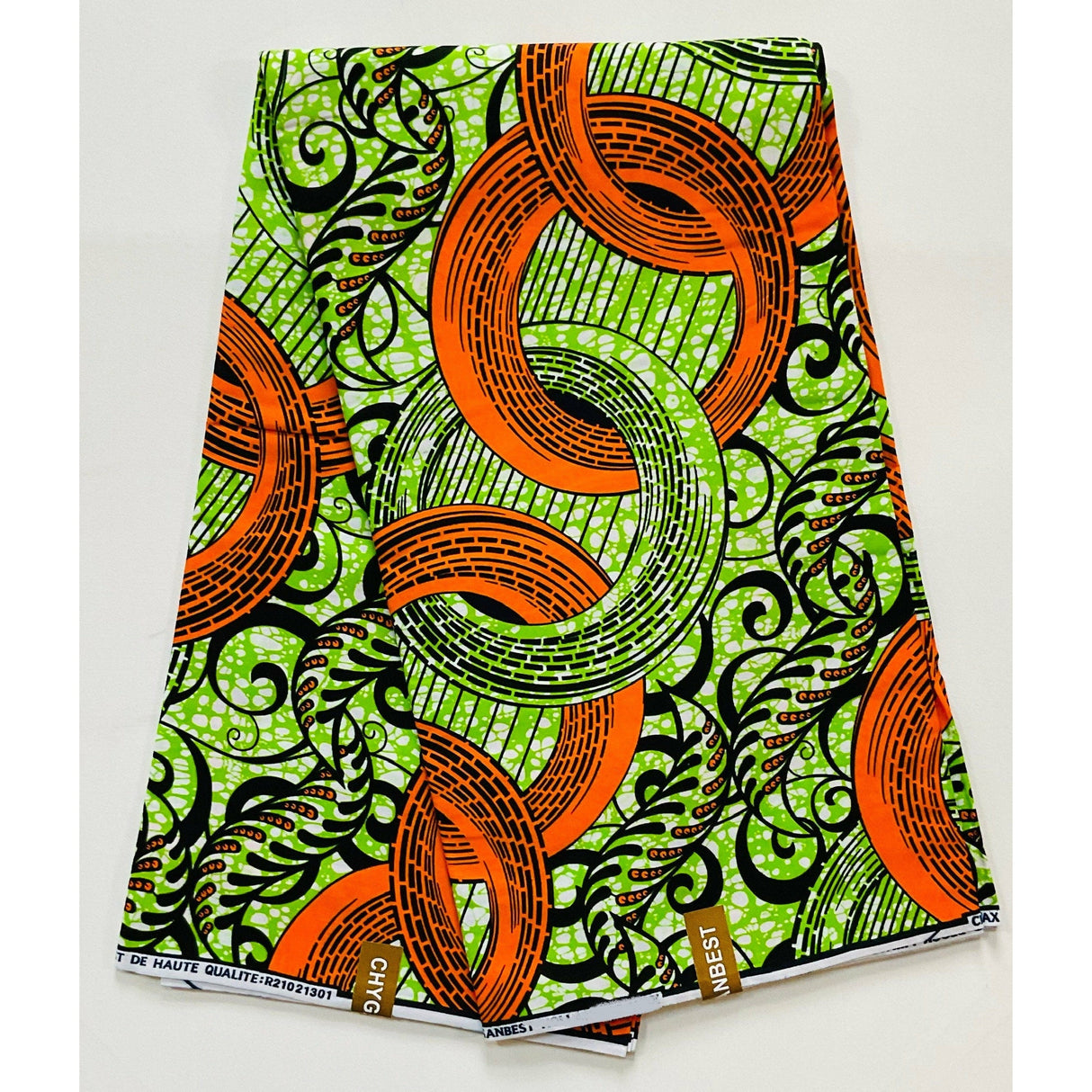 African Print Ankara Cotton Fabric - Orange, Green, Black Nuhu, 46" Width (Per Yard)