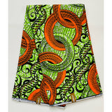 African Print Ankara Cotton Fabric - Orange, Green, Black Nuhu, 46" Width (Per Yard)
