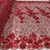 1 Yard Beaded Sequined 3D Floral Lace Fabric Embroidered 100 Percent Polyester Net Mesh 52 inch Width