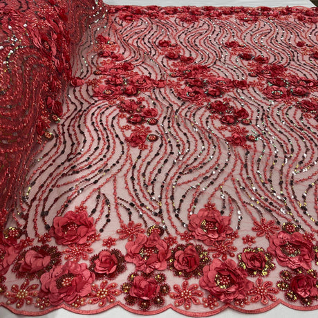 1 Yard Beaded Sequined 3D Floral Lace Fabric Embroidered 100 Percent Polyester Net Mesh 52 inch Width