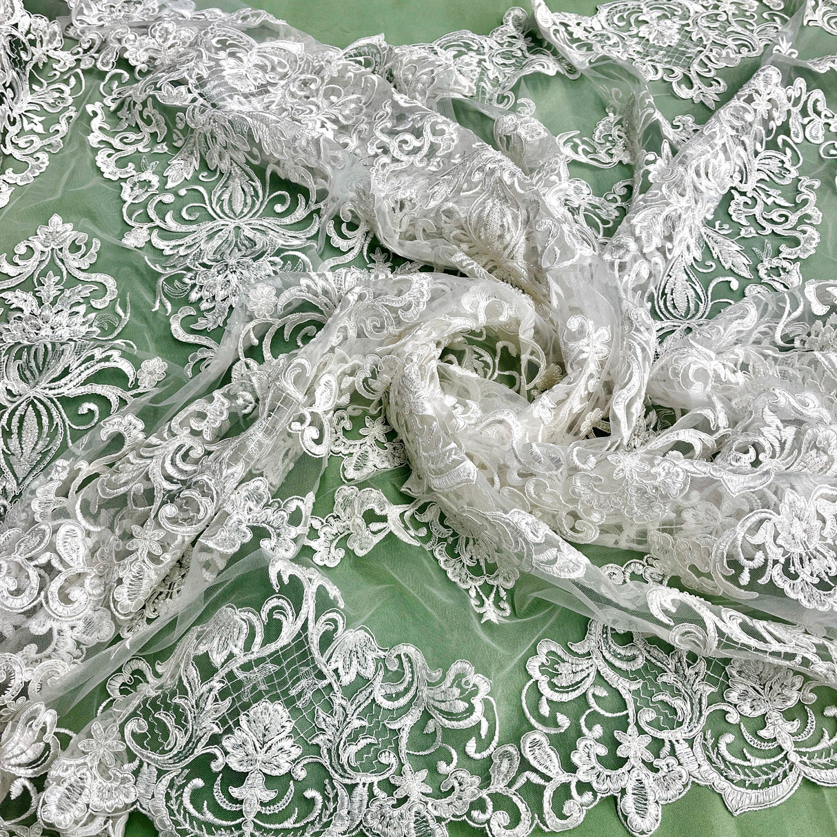 Beaded Corded Lace Fabric - White, Ivory, 51" Width (1 Yard)
