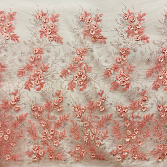 1 Yard Beaded 3D Floral Lace Fabric Embroidered 100 Percent Polyester Net Mesh 52 inch Width