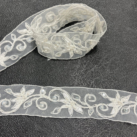 Beaded Corded Lace Trim White Ivory