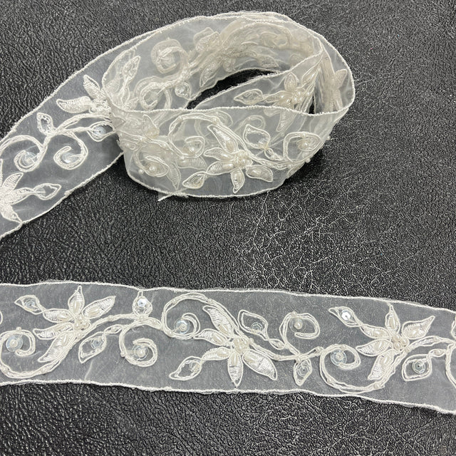 Beaded Corded Lace Trim White Ivory