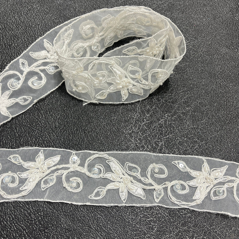 Beaded Corded Lace Trim 100% Polyester Net Mesh 2"