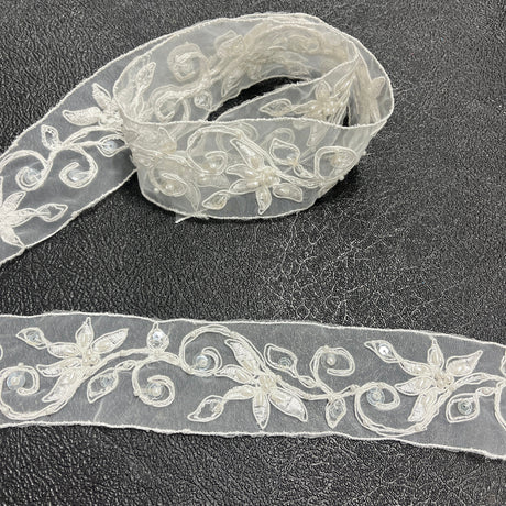 Beaded Corded Lace Trim 100% Polyester Net Mesh 2"